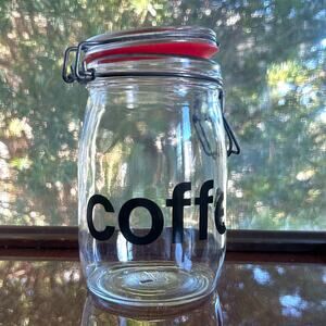 Vintage Glass Coffee Canister – Clamp Lid Jar with Red Seal – 7” Tall